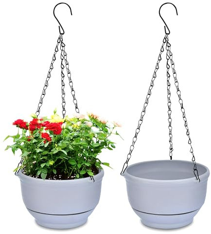 YuanDiann 2er Pack Hängende Blumentöpfe mit Abnehmbarem Tablett, Selbstabsorbierende Blumentopfkorb aus Kunststoff Hängepflanze Außen Innen Blumenampel Haus Balkon Garten Dekoration Grau 30.4cm