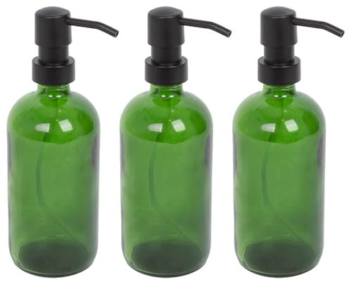 Harbour Housewares Green Glass Soap Dispensers Pack of 3-500ml Refillable Bottles with Black Pumps - Bathroom and Kitchen Accessories for Hand Wash, Lotion or Washing Up Liquid