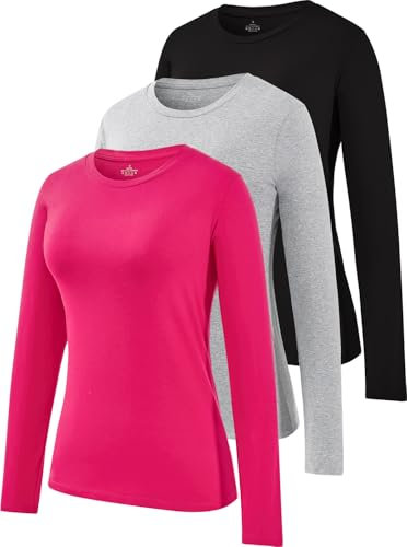 Star Vibe 3 Pack Crew Neck Long Sleeve Top Long Sleeve Tops Women Ladies Running Tops Black/Gray/Rose M