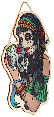 Cabilock Halloween-Schönheiten Tag der Toten Veranda Zeichen Party-Dekoration zum Aufhängen Halloween basteln Costume Wohnkultur -Requisiten -Türanhänger Holz