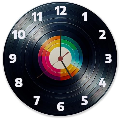 speecheese Schallplatte Wanduhr aus Glas Kreisförmige Wanduhr aus Glas im Design Einer Vinyl Schallplatte Bunt Farbenfroh mit Vinyl-Label Einzigartige Musik Deko