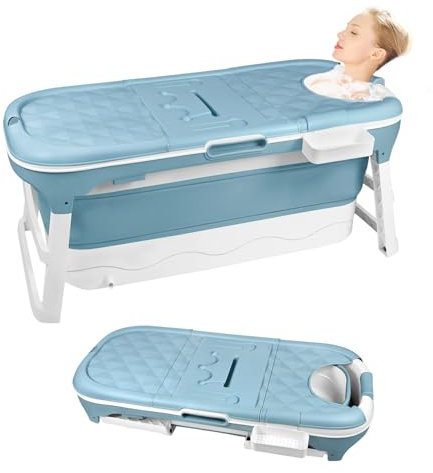 Baignoire Pliable pour Adulte,Baignoire Mobile Pliable avec Couvercle Amovible、Rouleaux de Massage et Panier à Savon,Siège de Baignoire Portable à Poser pour Petite Salle de Bain,Bleu,128x62x52cm