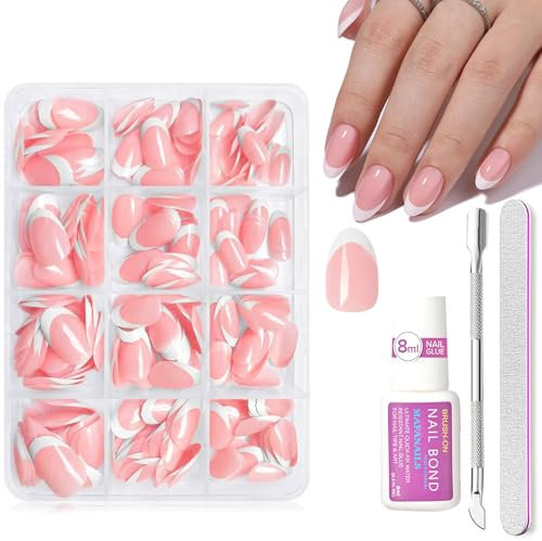 French Short Round Press-on Nails - 240Pcs French Tip False Nails With Glue, Pink Glossy Full Cover Nail Art Manicure