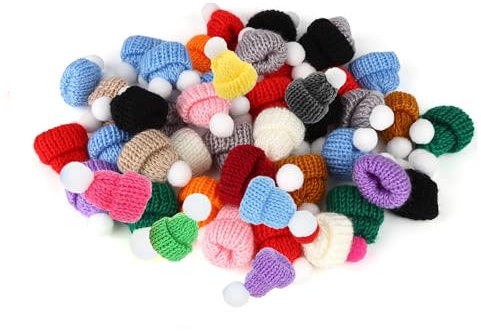 Shirene Sorgenwürmchen Zubehör,50 Stück Mini Hüte Strickmützen Weihnachtsmützen,Mini Weihnachtsmützen,DIY Mini Party Hüte für DIY Handwerk Kunst Weinflasche Deko Christmas Baumschmuck Puppenzubehör