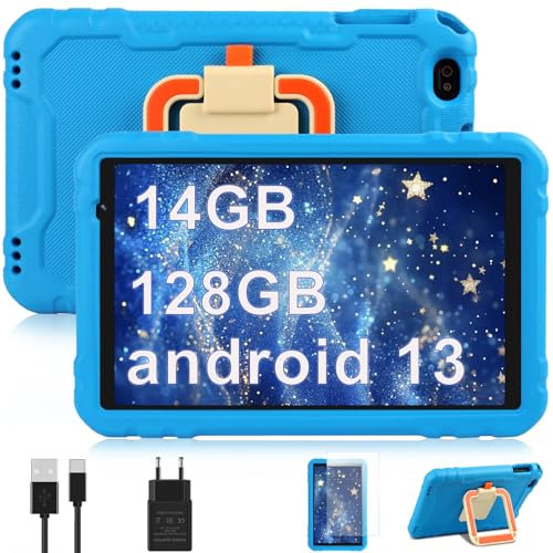 fezawio Tablet Niños 10 Pulgadas 8 Core Android 13 Tableta con 14GB RAM+128GB ROM (TF 512) HD IPS Display |5MP+8MP |2.4G+5GWi-Fi|8000mAh -Super Protective Antichoque Eva Estuche Protector,Azul