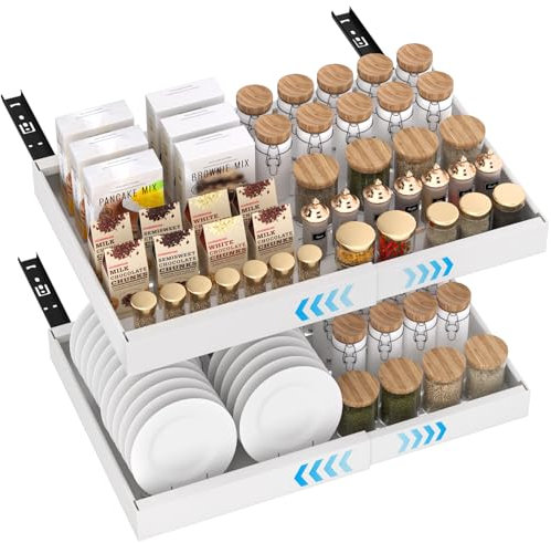 BLYLUND Pull Out Cabinet Organiser Kitchen Storage Extendable Slide Out Pantry Drawer Shelves Adjustable Width with Adhesive Film for Cupboard Bathroom No Need Drill Sliding Organizer(White 2Packs)