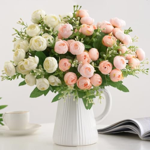 KARLOR Künstlich Blumenstrauß Set, 2 Bündel je 15 Blüten, Frühling Kunstblumen Tea Rose Pfingstrosen weiß Champagne Kunstblumen wie Echt Heim Hochzeit Blumen Deko (Champagne & weiß)