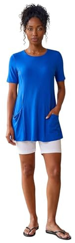 Roman Originals Swing Top with Pockets for Women UK Ladies Hanky Hem Asymmetric Tunic Blouse Longline Long Stretch Jersey Casual Round NeckTee Shirt T-Shirt - Royal Blue - Size 16