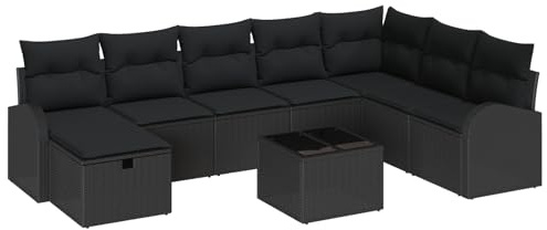 vidaXL 9-teiliges Gartensofa-Set mit Kissen in Schwarz aus Poly-Rattan. Bequemes, modulares Design für deinen Balkon, die Terrasse oder die Lounge. Wetterfest und lässig.