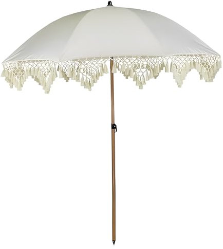 Boho Tilt Sonnenschirm mit Fransen, 200cm Tragbarer UV-Schutz Sonnenschirm mit Quasten, für Terrasse, Garten, Pool