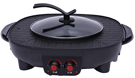 2 In 1 Hot Pot und Grill, 2000W BBQ Tischgrill mit 3L Hotpot, Grillpfanne Elektrische Pfanne für 5-6 Personen