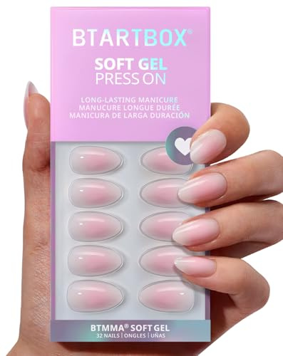 BTArtbox Press On Nails Almond - Pink Ombre False Nails Short with Glue, Opaque Stick On Nails for Women in 16 Sizes - 32 Soft Gel Fake Nail Kit, Love Letter