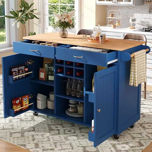 Zravenna Kücheninsel 102×45×92 cm, Küchenwagen, Küchenschrank mit 2 Schubladen, 2 Schließfach, Weinregale & offener Regalbereich, für Küche und Haus. (Blau)