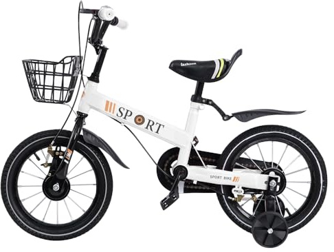 homewell 12/14/16 Zoll Kinderfahrrad mit Stützrädern, Kinderfahrrad für 2 bis 8 Jahre, Bremse, Korb vorne, verstellbarer Sattel (weiß)