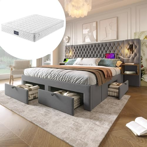 Generisch Schlafzimmer Komplett Set 160x200 cm Bettanlage mit USB-Ladestation, 4 Schubladen, 2 Nachttischen und Wendematratze, Grauer Samtstoff, Stahlrahmen H3 7-Zonen-Matratze