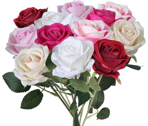 12 Pièces Fleurs Artificielles Bouquet Fausse Fleur Artificielles Roses | pour Mariage Mariée Bouquets Centres Table Saint Valentin Fête Maison Décorations(Couleurs mélangées)