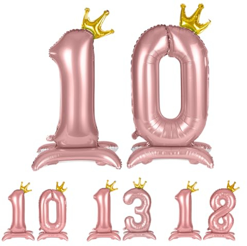 APXEL Zahlen Luftballon 10 Rosa, Stehende Folienballon große mit Krone Zahl Ballon 10, 42 Zoll Helium Ballons Zahl Geburtstagsdeko Mädchen Junge Kindergeburtstag Party Deko Silvester Neujahr