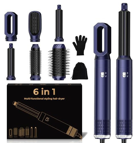 6 en 1 Hairstyler Pro, secador de pelo y rizador de aire con rizador automático de aire, secador de pelo, secador de pelo redondo, cepillo térmico, plancha de pelo, aerógrafo, juego de regalo para