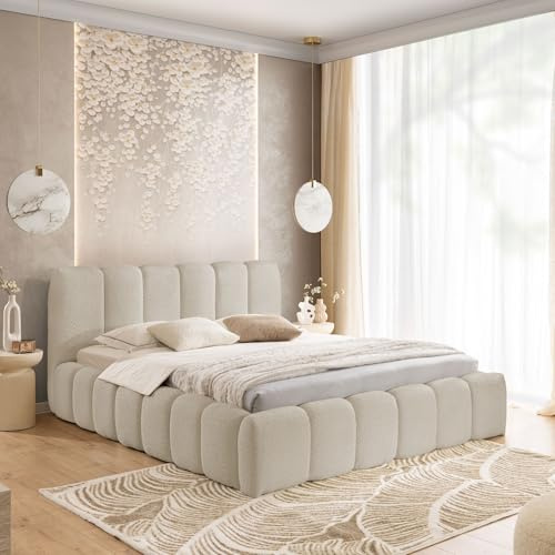 Home Collective Polsterbett Doppelbett Bubble Bett mit Stauraum viele Größen | Bettgestell mit Lattenrost weicher Bouclé Bezug mit Steppung niedriges Kopfteil | Schlafzimmer Möbel | Beige 140x200 cm