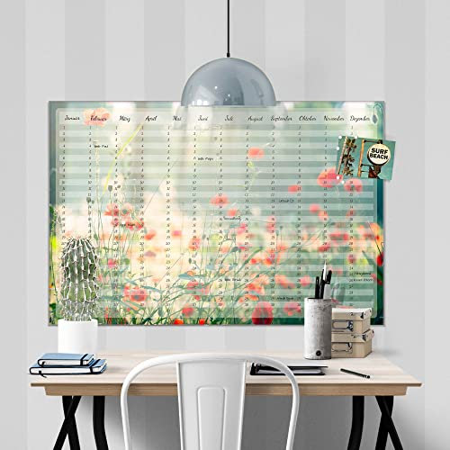 banjado® Wandkalender abwischbar aus Glas 90x60 cm/Jahresplaner abwischbar mit Motiv Mohnblumen/langlebiger Jahreskalender, Urlaubsplaner & Familienplaner abwischbar