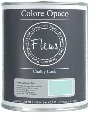 FLEUR DESIGNER'S PAINT | Pittura Chalk Paint Opaca, 750 ml, Senza Carteggiare, Multisuperficie, Colore F49 Cape Town Blue, Effetto Gesso, Per Pareti e Mobili, Extra Opaco, Ad Acqua, Made in Italy