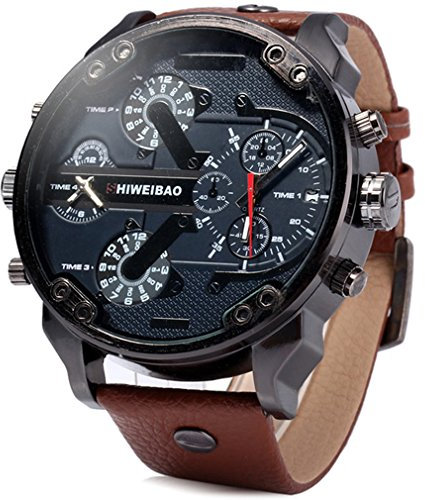FENKOO Männer militärisch große Zifferblatt Zwei Zeitzonen Lederband Quarzuhr
