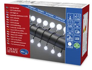 Konstsmide LED Globelichterkette, kleine & große runde Dioden, 80 kalt weiße Dioden, 24V Außentrafo, schwarzes Kabel - 3680-207