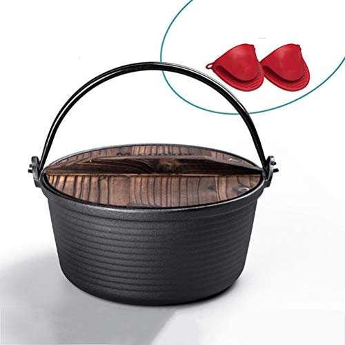 LTLWSH Feuertopf Dutch Oven Gusseisen Kochtopf Hölzern Deckel für Camping Garten Lagerfeuer 4.8L