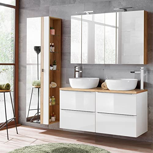 Lomadox Badmöbelset Hochglanz weiß mit Wotaneiche, Doppel-Waschtisch inkl. 2 Keramik Aufsatzwaschbecken, Doppel-LED-Spiegelschrank und Hochschrank mit Spiegel und Regal