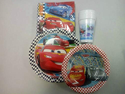 CAPRILO. Lote de Cubiertos Infantiles Cars-Disney (8 Vasos,8 Platos(23 cm),8 Platos(20 cm) y 20 Servilletas) .Vajillas. Juguetes para Fiestas de Cumpleaños, Bodas, Bautizos y Comuniones.