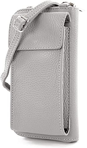 modamoda de P06 Damen Leder Umhängetasche Geldbörse Handytasche 6,5 Zoll handmade in Italy, Farbe:Telegrau