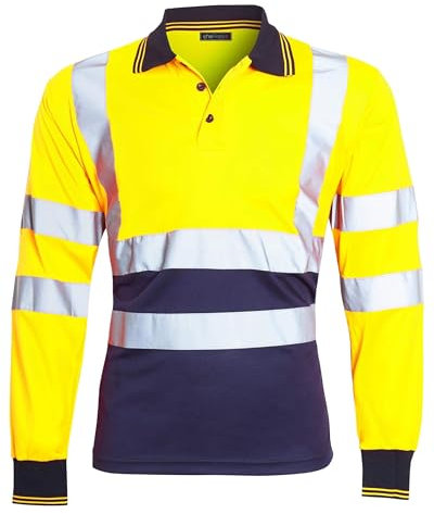 shelikes Mens Hi Vis Viz Polo Tshirt Top Long Sleeve Polos Shirt Workwear High Visibility Tee Shirt Yellow/Navy