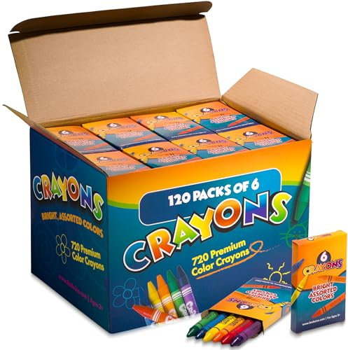 Bedwina Crayones a granel - ¡720 crayones! Caja de 120 paquetes de 6, crayones de colores premium para niños, no tóxicos para regalos de fiesta, restaurantes, bolsas de regalos, rellenos de calcetín