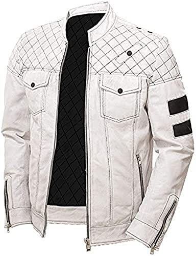 Herren-Bikerjacke, weiches Echtleder, Vintage-Stil, Café-Racer-Bomber-Stil, Weiß, Mehrfarbig: Lederjacke mit Nieten, L