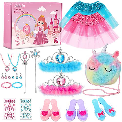 JoJojoin Prinzessinnenschuhe für Mädchen, Prinzessinnen-Kostüm, Zubehör mit 3 Paar Schuhen, 1 Einhorn-Tasche, 2 Röcke, Prinzessinnenschmuck für Karneval, Einhorn Geldbörse für Geschenk 3 – 6 Jahre