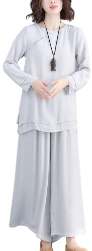 Moonetto Womens Chinese Traditional Tai Chi Uniforms Kung Fu Clothing Martial Arts Suit Cotton Wing Chun Clothes (0253-Grey-S)