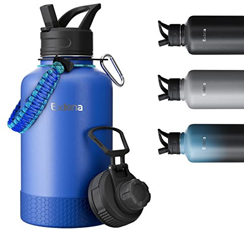 Exllena - Borraccia da 2 L con cannuccia, a doppio isolamento, con due tappi e guaina protettiva in silicone, maniglia in paracord, pratica da trasportare, blu