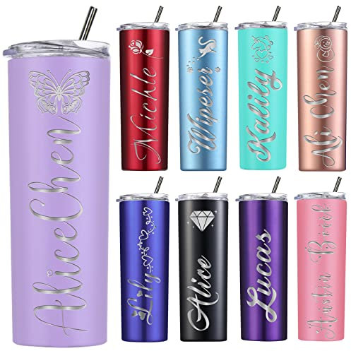 Vasos personalizados con tapas y pajitas, vaso flaco grabado personalizado con nombre, vaso aislado personalizado de 20 onzas, regalo para mujeres, acero inoxidable de doble pared