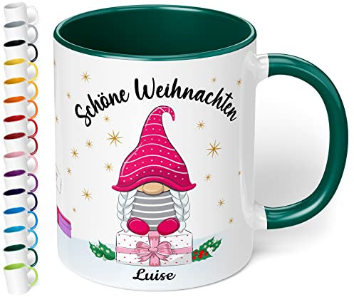True Statements Weihnachtstasse mit Namen personalisiert „Schöne Weihnachten“ - 330ml Keramik Kaffeebecher mit Wichtel-Motiv und Spruch – Geschenke für Kollegen & Familie (Dunkelgrün)