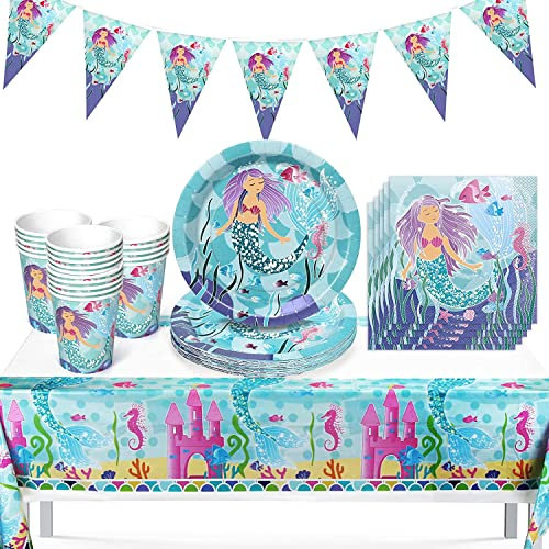 Set Compleanno Sirena per 10 Persone - Piatti Grandi e Dessert, Festone, Tovaglia 120x180 cm, Bicchieri e Tovaglioli
