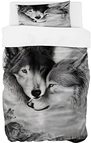 Zomer Bettwäsche Set 135x200 cm 2teilig Bettbezug Mikrofaser Bettwäsche Deckenbezug mit Schwarzer und weißer Wolf Motiv - 1 Flauschige Bettdeckenbezug und 1 Kissenbezug 80x80cm