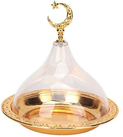 Plateau à Gâteau pour l'Aïd Mubarak, Assiette de Service avec Dôme Acrylique Clair, Plateau à Gâteau Décoratif en Acier Inoxydable avec Motifs Gaufrés Vintage Doré