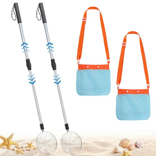 2 Pack 21.6~33 Adjustable Sand Sifter with Seashell Bags for Adults Kids