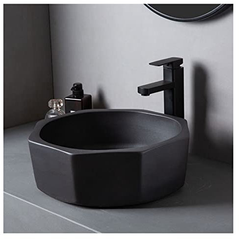 AVLUZ Schwarzes Keramik-Waschbecken, Moderne künstlerische Waschbecken-Schüssel über der Theke, Badezimmer-Porzellan-Kunst-Waschbecken mit Wasserhahn-Pop-Up-Abfluss