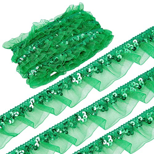 GORGECRAFT 12m Weihnachten Lindgrün Satin Organza Pailletten Spitze Gerafftes Mesh Stretch Spitzenstoff Borte 3cm Rüschen Elastische Fransenapplikationen Blumenmuster Nähen Geschenkverpackungen