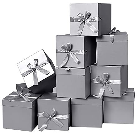12 Pack kleine Geschenkboxen mit Deckeln, quadratische Boxen mit Deckeln, perfekt für Hochzeiten, Verlobungen, Abschlussfeiern, Feiertage, Weihnachten, Geburtstag, Vatertag (Silber 10 cm)