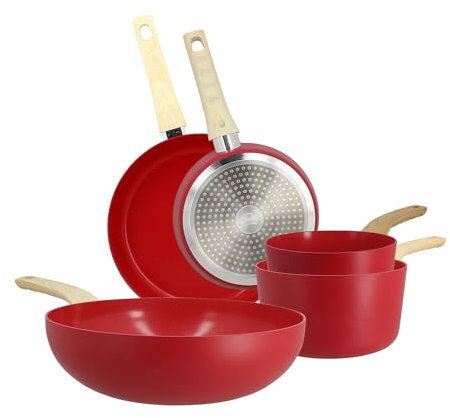 MENASTYL - Set de 5 pièces Colorama magenta - Poêles/Casseroles/Wok - En aluminium - Revêtement antiadhésif en céramique - Tous feux dont induction
