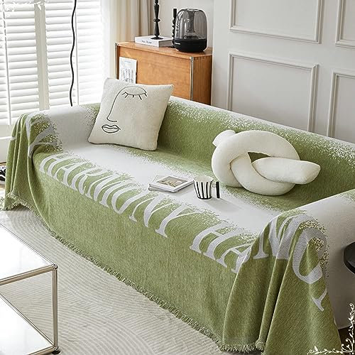 Mesnt Sofabezug 4 Sitzer Big Sofa, Chenille Sofaüberwurf Decke Couch mit Kunstgraffiti mit aufgedruckten englischen Buchstaben Harmony Grün, 180x400CM