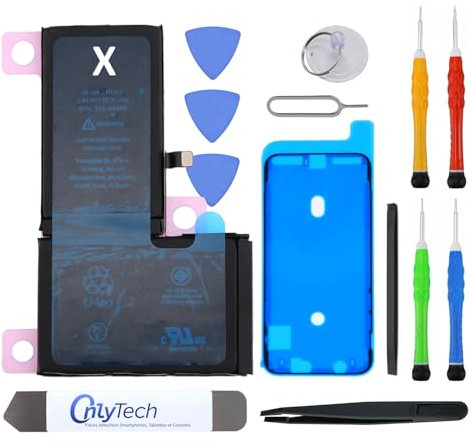 OnlyTech Batteria di ricambio premium per iPhone X - 2716 mAh, identico all'originale, kit 12 strumenti professionali e adesivo schermo inclusi