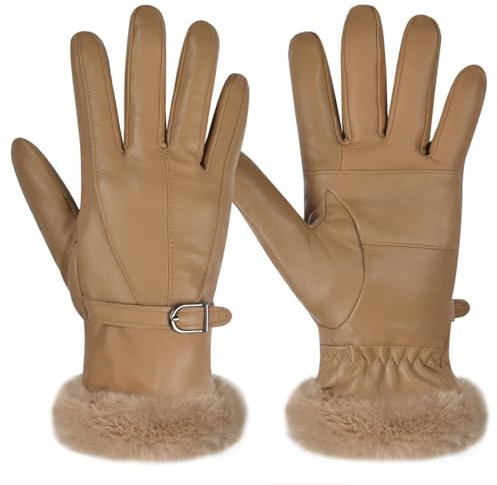 Harssidanzar Damen Lederhandschuhe Winter Thermo handschuhe Kleid Lederhandschuhe Fell gefüttert für kaltes Wetter SL022EU,Khaki, Größe L